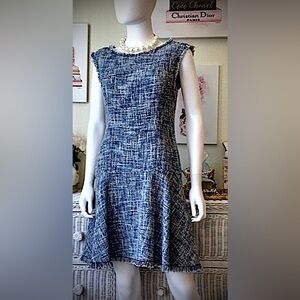 Rebecca Taylor 84% cotton Tweed blend dress with fringe in blue color size 8